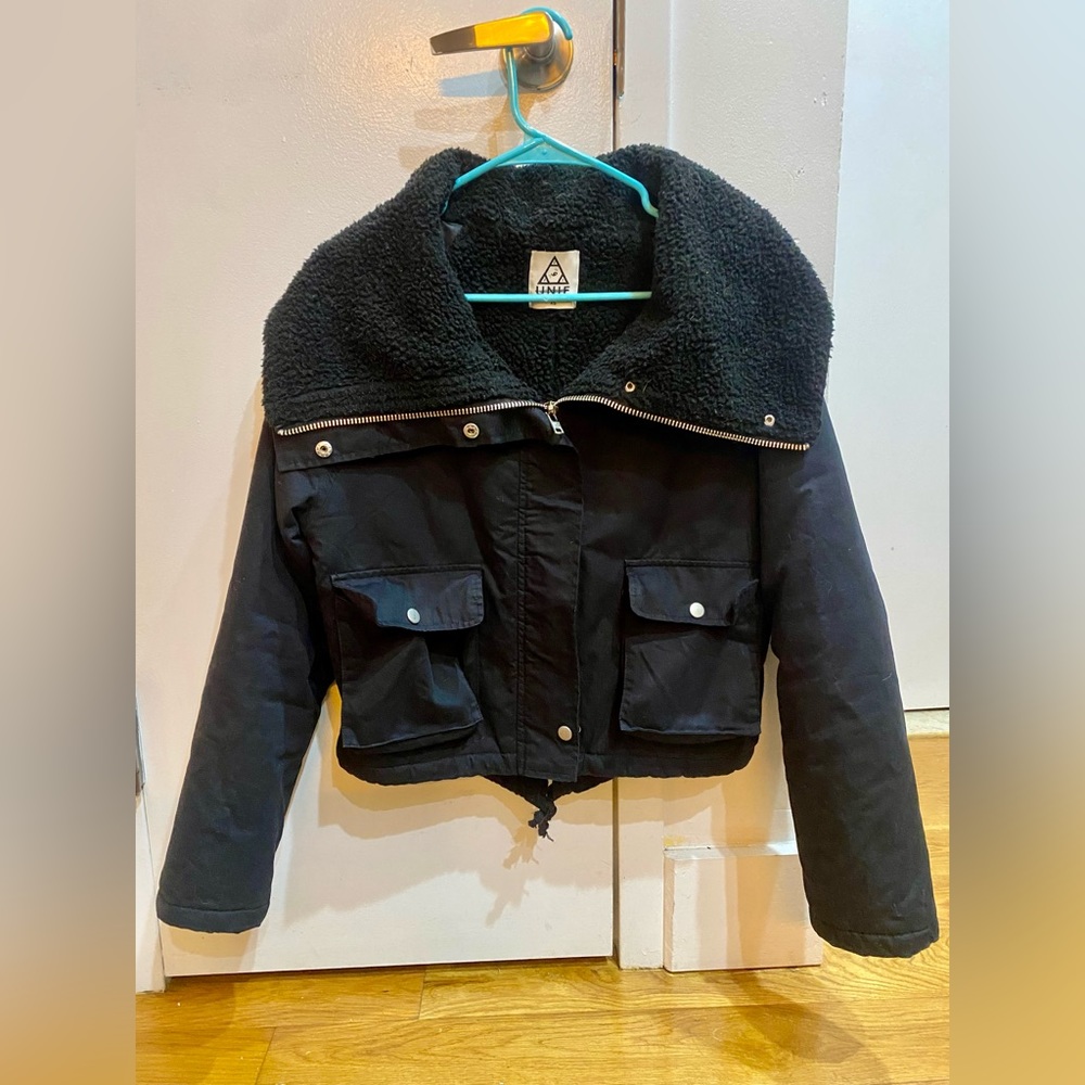 Unif black cropped jacket with Sherpa lining, XS